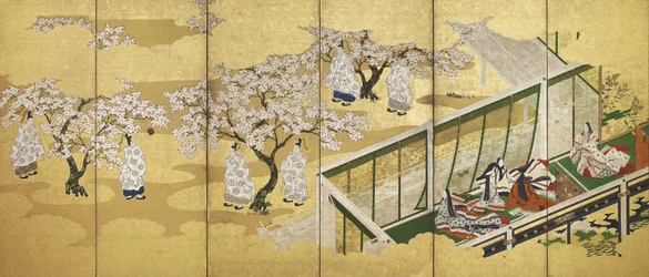 O conto de Genji, capítulo 34; Kashiwagi avista a terceira princesa, período Edo (tinta, cor e ouro no papel)